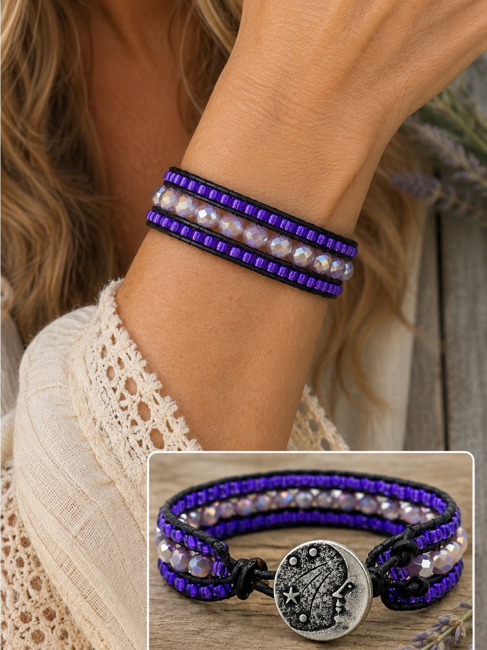 Hand Crafted Purple Beaded Wrap Bracelet